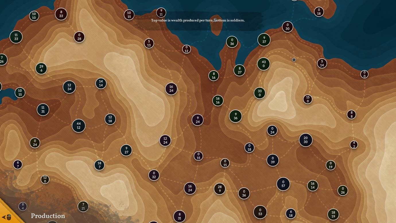 Dots over a dirt world in High Strategy.